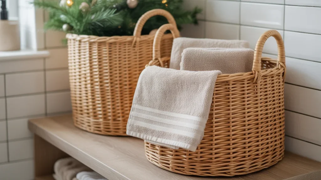 Woven seagrass or rattan basket adding natural Scandinavian texture to Nordic Christmas décor.