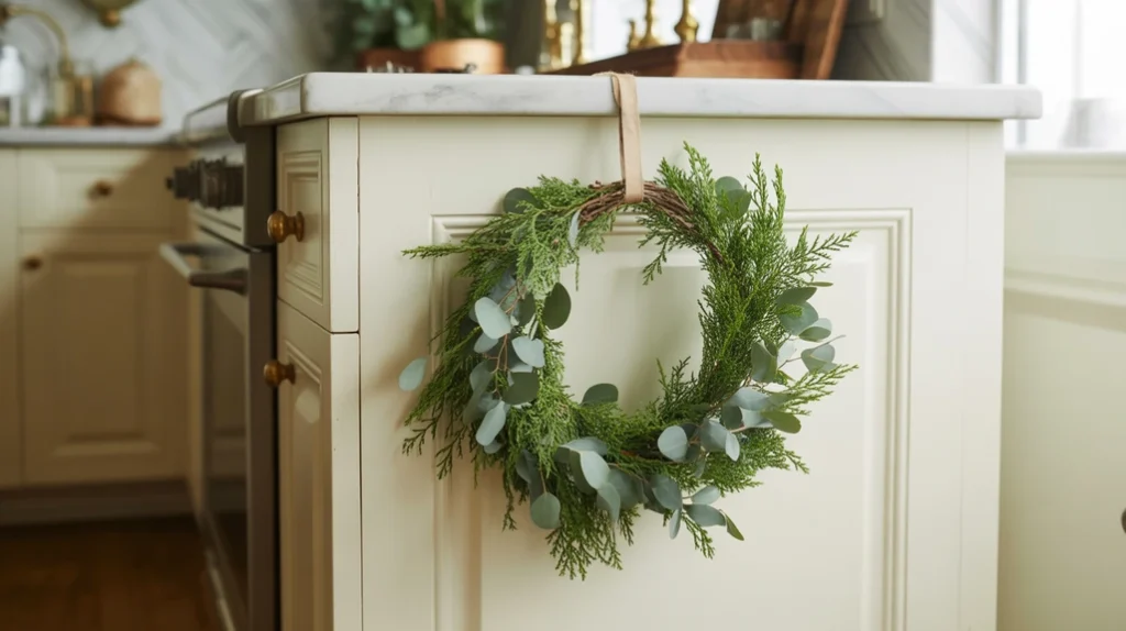 Small cedar wreath hanging on the side of a kitchen island for charming Christmas detail