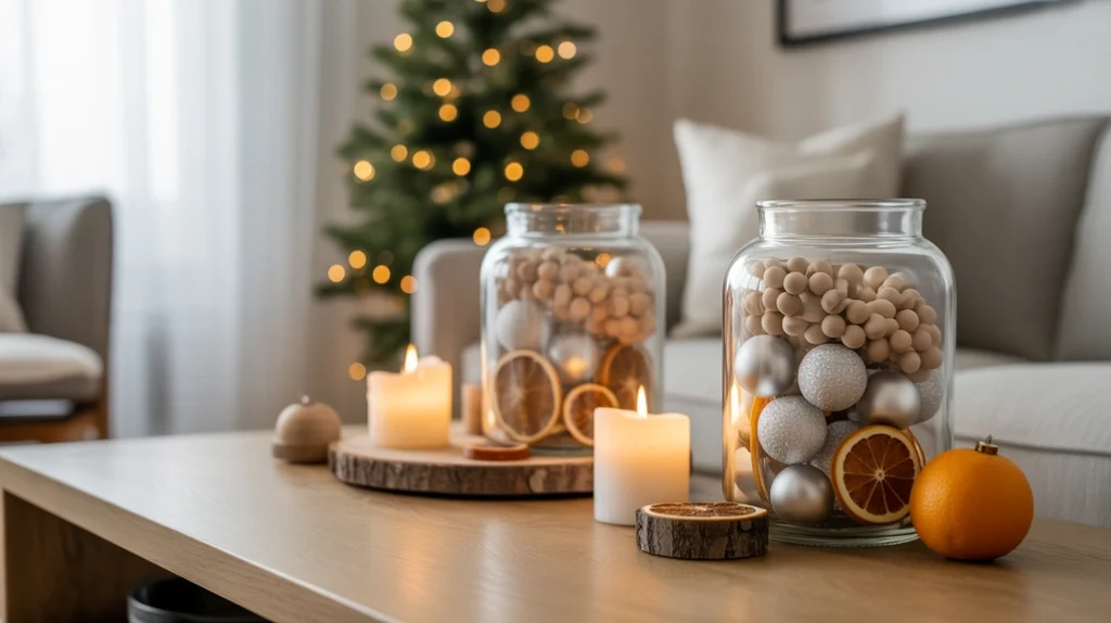 cozy neutral holiday space with linen ribbons, pine garlands, and greenery