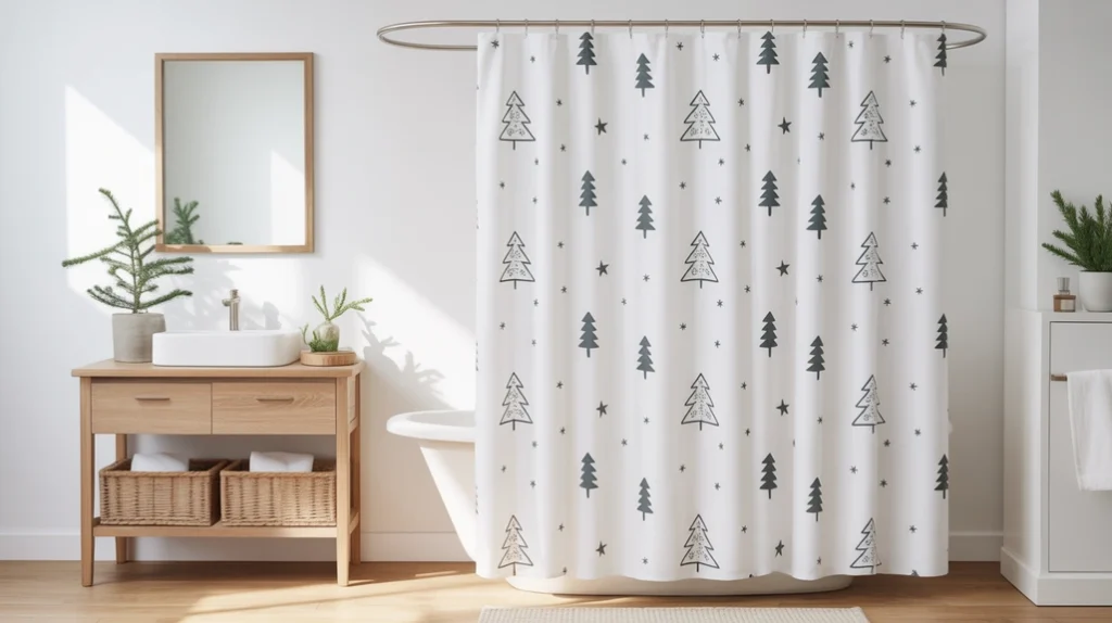 Minimalist Christmas shower curtain with simple holiday prints for a modern, clean bathroom look.
