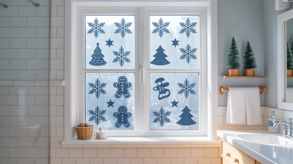 Christmas window stickers with snowflakes and winter decals in a small bathroom.