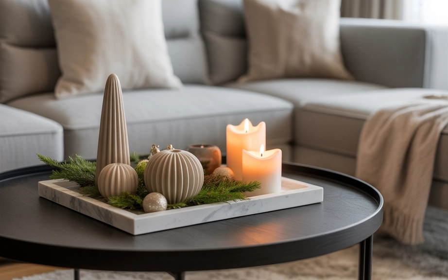 modern coffee table with minimal christmas decor accents