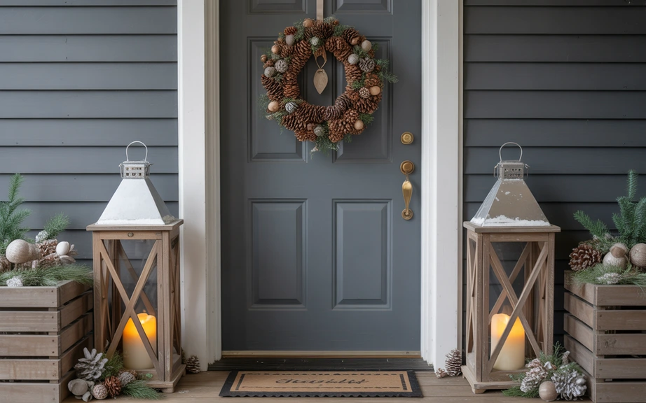 Pinecone Wreath with Rustic Lantern Pairs