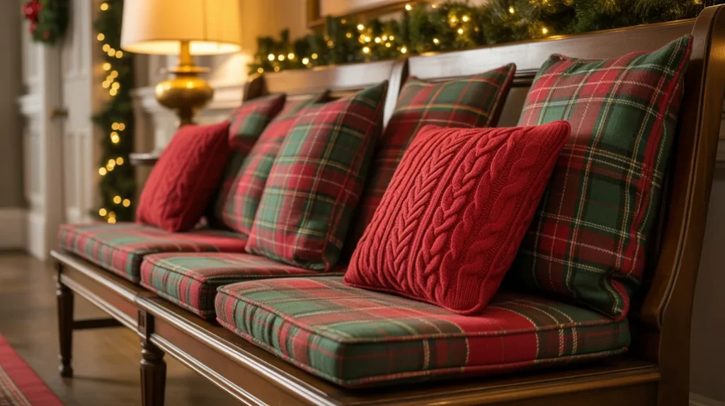 Christmas hallway bench styled with holiday pillows and warm seasonal colors