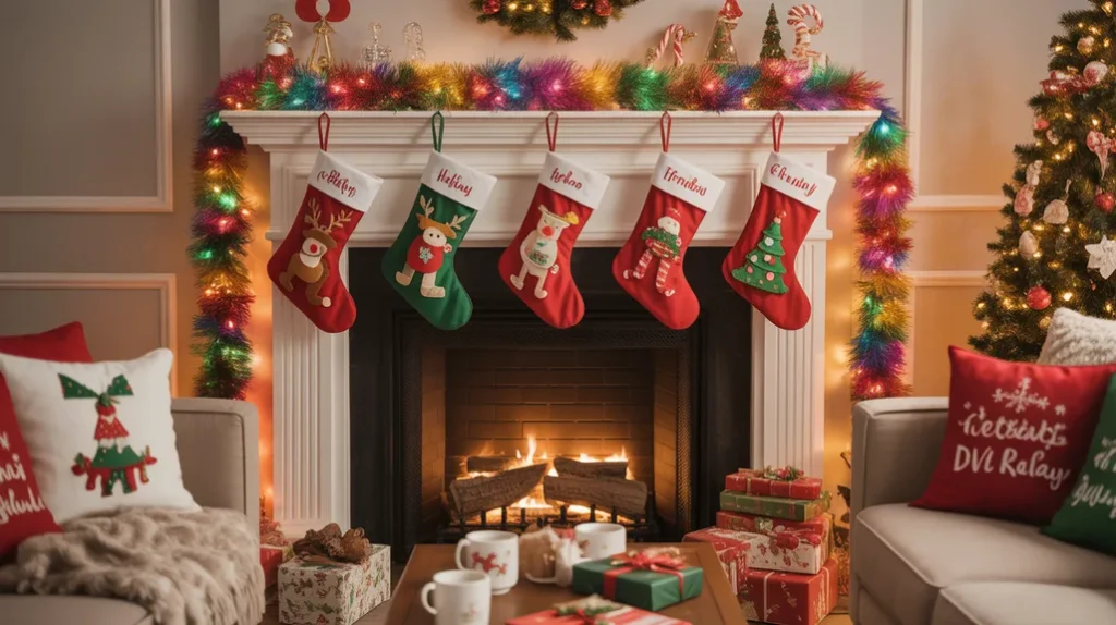 Family-friendly Christmas mantel with colorful stockings, festive garlands, and kid-safe fireplace decorations