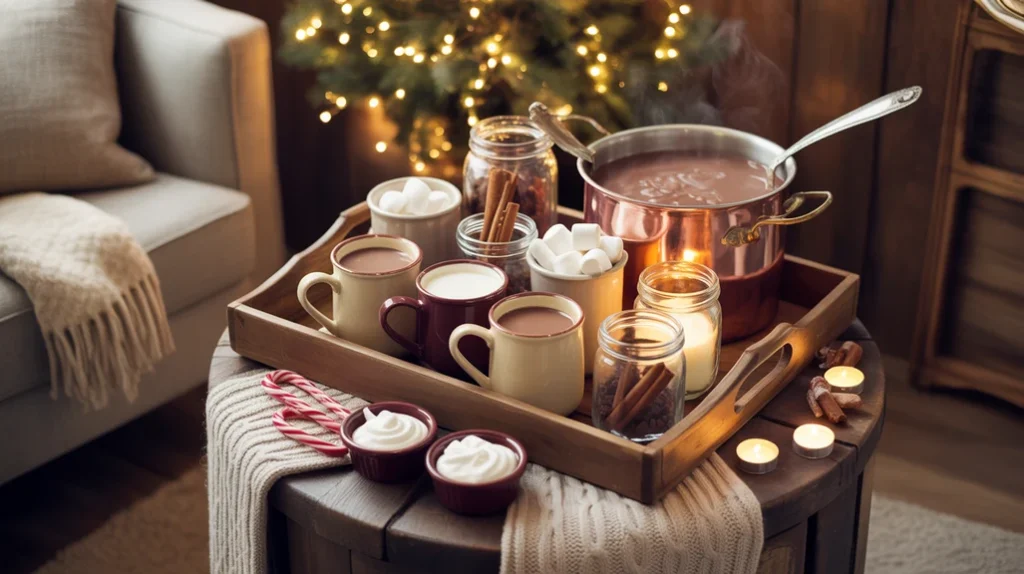 Hot cocoa station with mugs, marshmallows, and fairy lights in cozy Christmas corner
