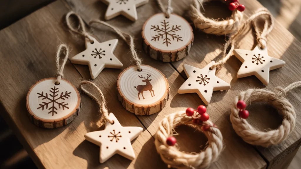 Rustic beaded garland and wooden ornaments on a farmhouse holiday tree