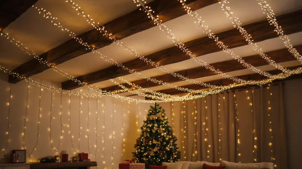Twinkle lights on ceiling creating starry Christmas night glow in living room