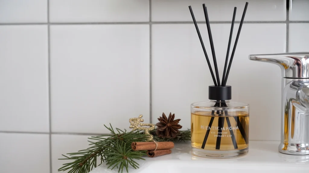 winter-scented diffuser with pine or cinnamon beside bathroom sink for seasonal fragrance