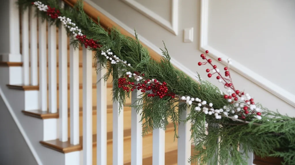“Red and white berry stems tucked into Christmas staircase garland for color accents”
