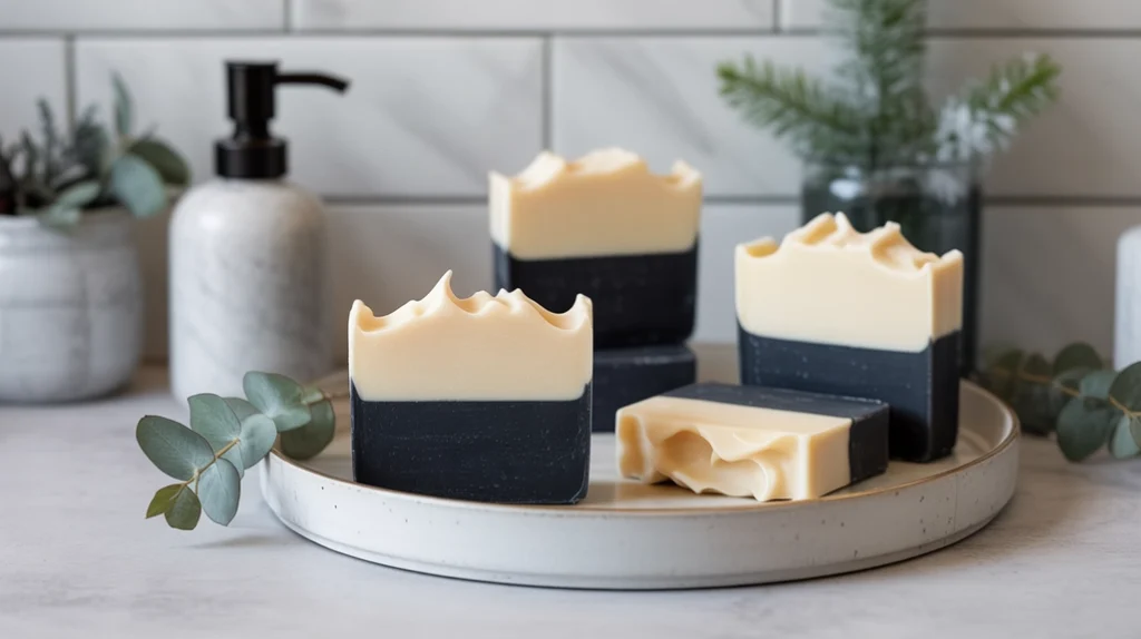 monochrome soap bars arranged with eucalyptus for a clean winter bathroom look