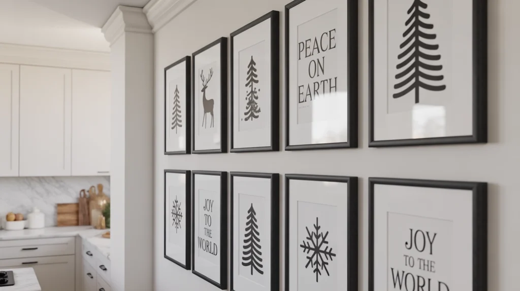 Black and white framed Christmas wall art with minimal holiday prints in modern kitchen setting