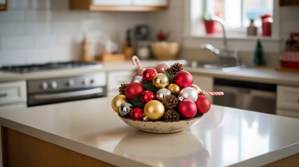 Small bowl filled with Christmas ornaments used as simple festive decor in a compact kitchen