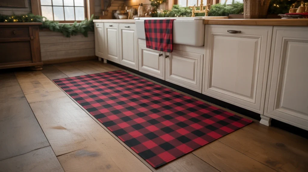 Buffalo plaid kitchen rug near the sink adding cozy texture and holiday warmth