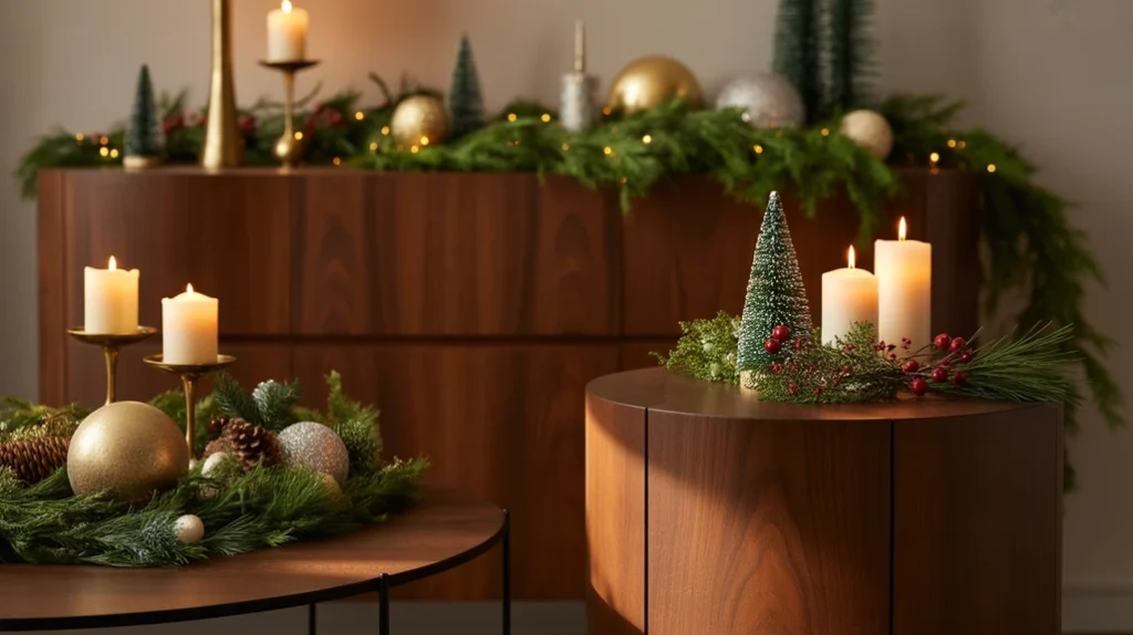 Christmas tabletop displays and accent furniture decorated with candles and greenery