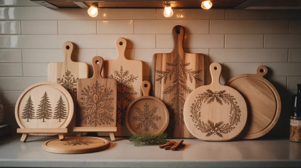 Wooden cutting boards and Christmas trivets displayed as seasonal kitchen decor