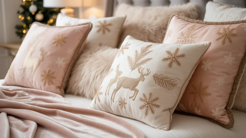 Christmas pillows and throws in pink and gold adding cozy festive charm