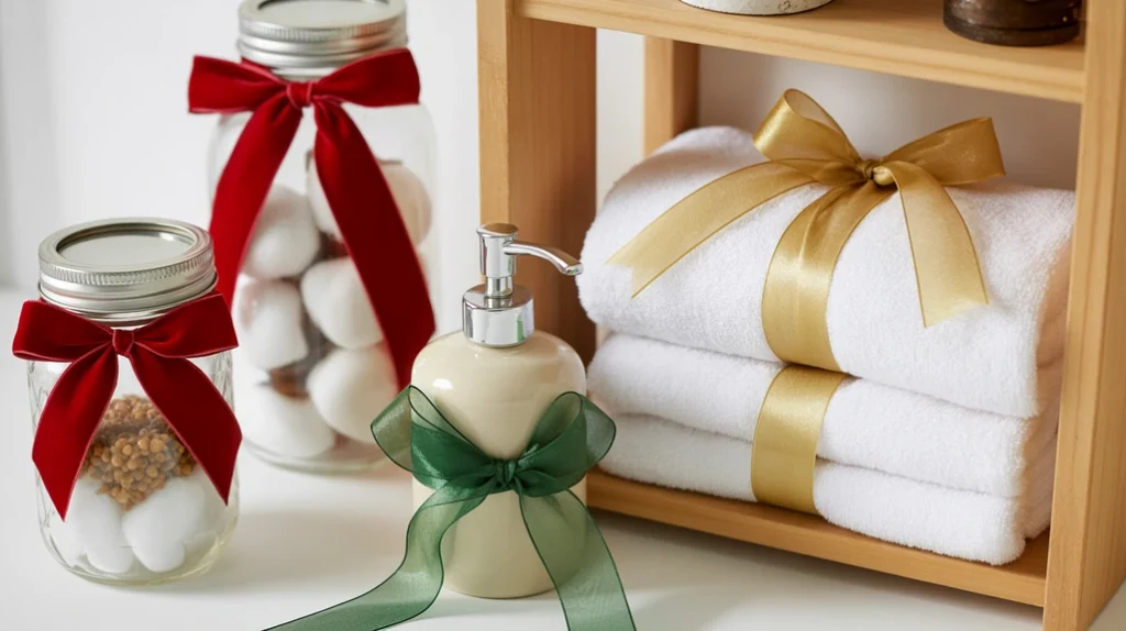Christmas ribbon tied around bathroom accessories for a simple space-saving holiday touch.