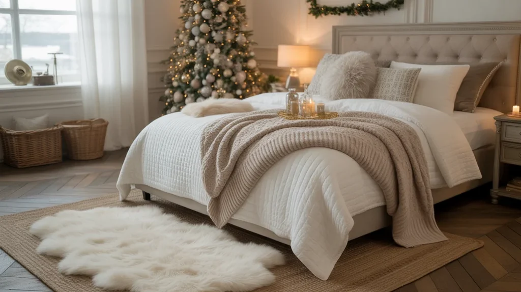 Cozy Christmas bedroom with layered rugs and knitted throws for warmth and texture in large space