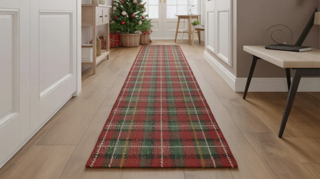 “Holiday runner rug with winter patterns in a festive entryway hall”