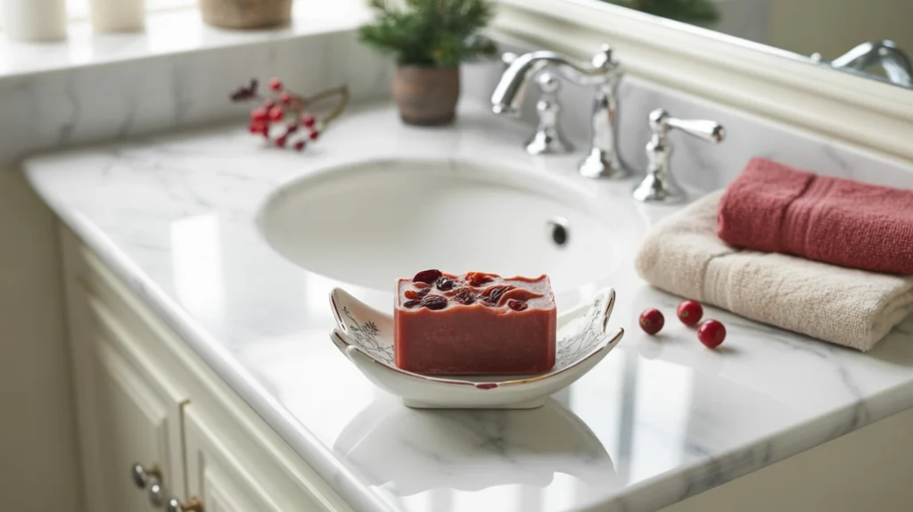 “peppermint-scented christmas hand soap placed beside holiday decor on the sink”