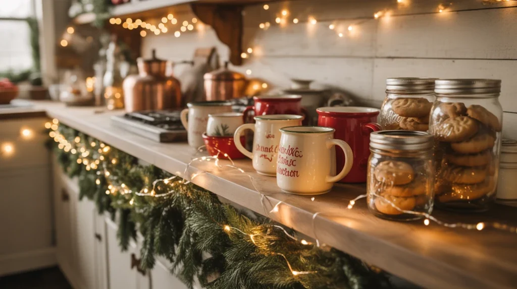 Kitchen shelf styled with Christmas mugs, garland, and fairy lights