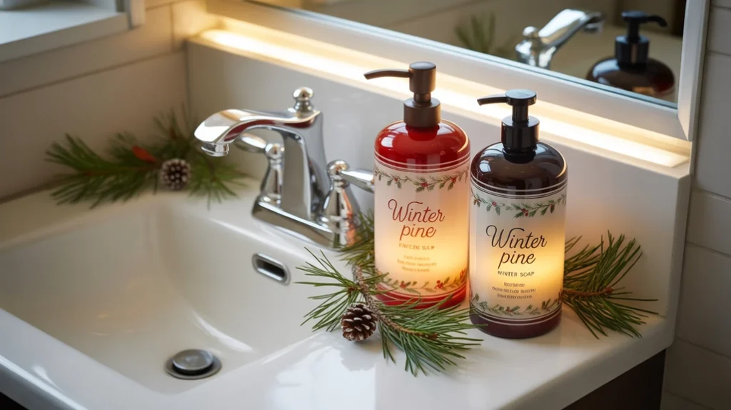 Holiday-themed soap dispenser and winter-scented soap displayed on a clean bathroom sink