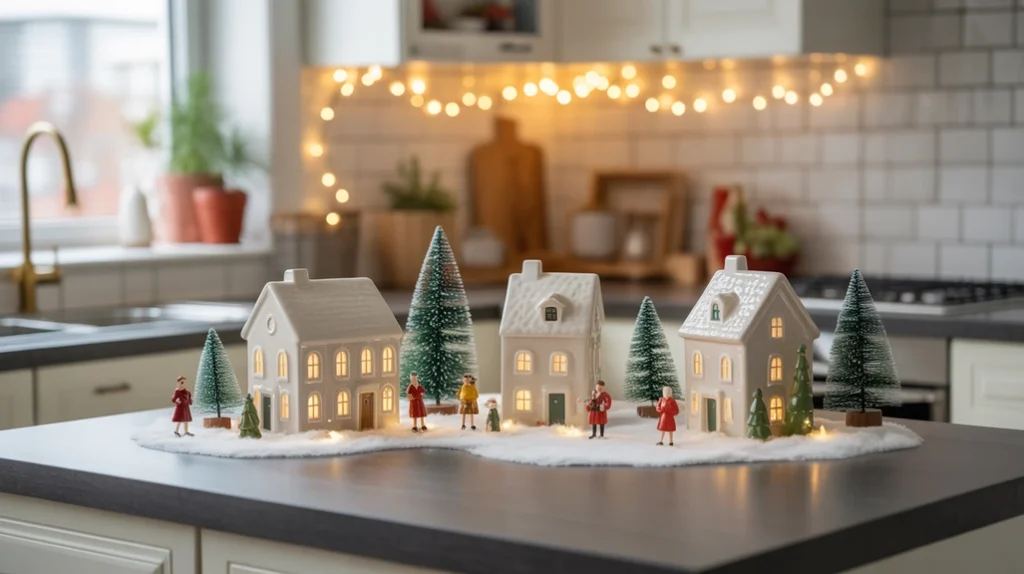Mini Christmas village with ceramic houses, trees, and snow decor displayed on kitchen island for festive charm