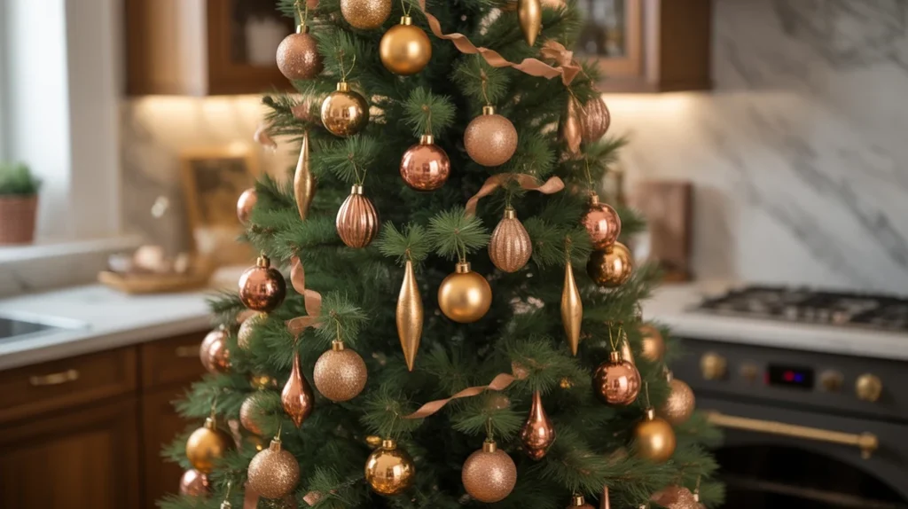 mini christmas tree decorated with copper and gold ornaments for warm elegant kitchen corner decor