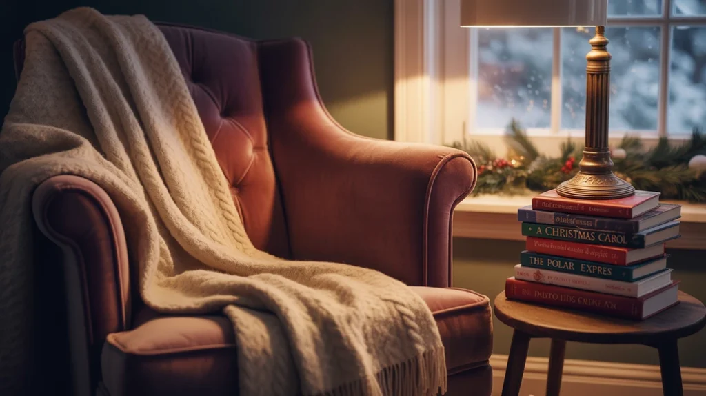 reading nook with armchair, throw blanket, and Christmas tree lights