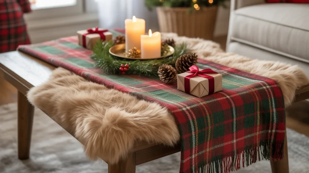 “holiday living room with cozy textures and fabrics styled around coffee table decor”