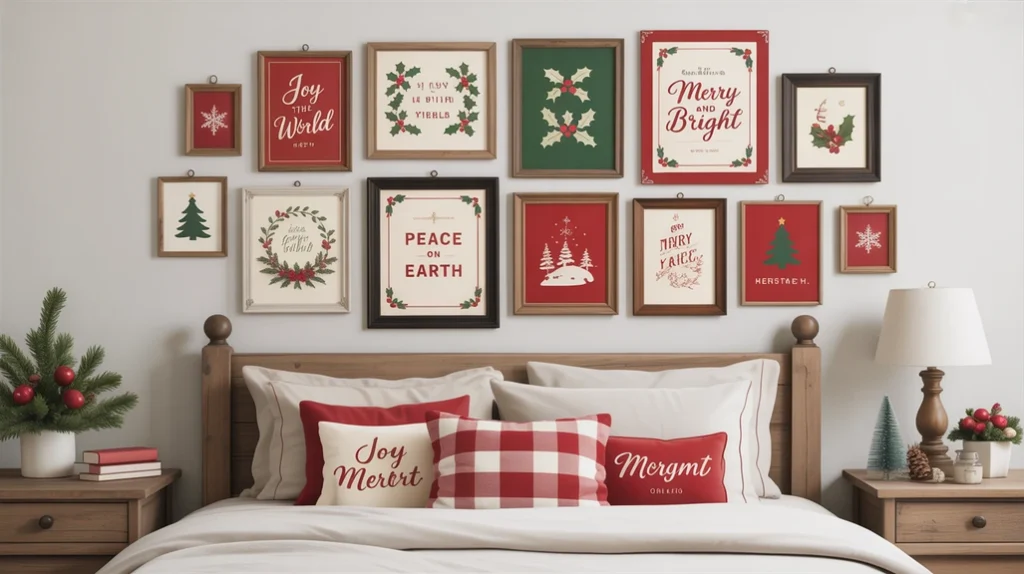 DIY red and green Christmas wall art with holiday prints and framed quotes