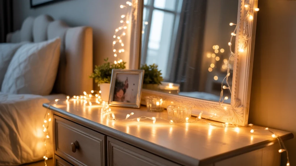 String lights along dresser bringing festive shine to Christmas bedroom lighting ideas