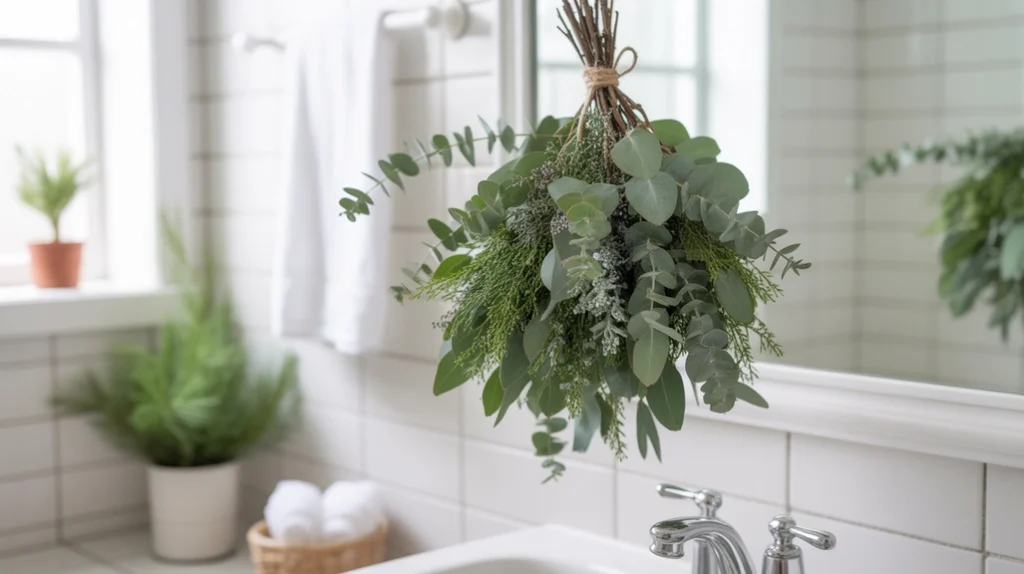 Fresh eucalyptus bundle creating a natural Christmas scent and organic winter atmosphere in the bathroom.