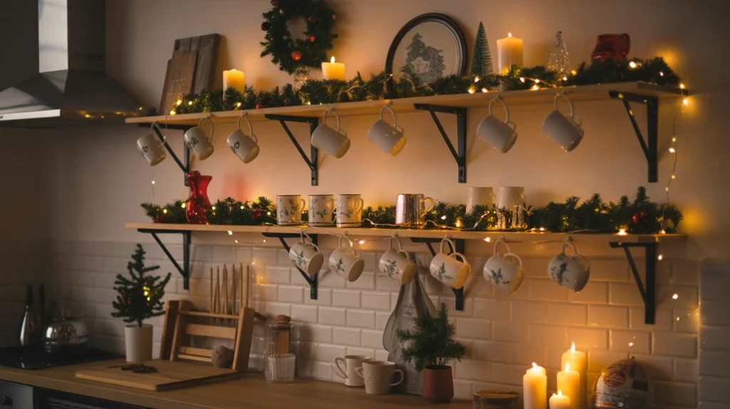 Warm fairy lights wrapped around kitchen wall shelves with mugs and greenery for a cozy Christmas kitchen glow.