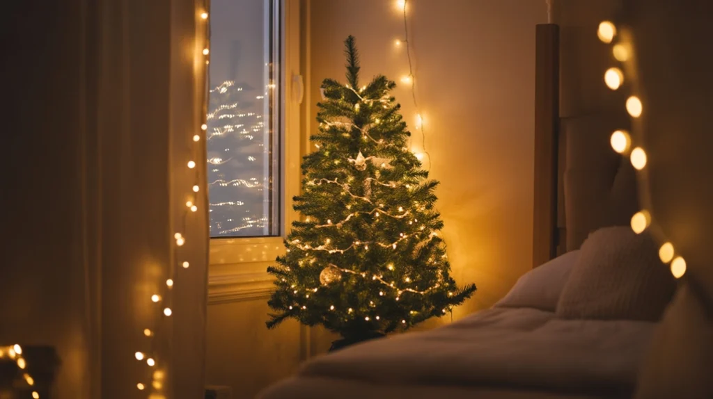 Fairy lights framing Christmas tree in cozy bedroom