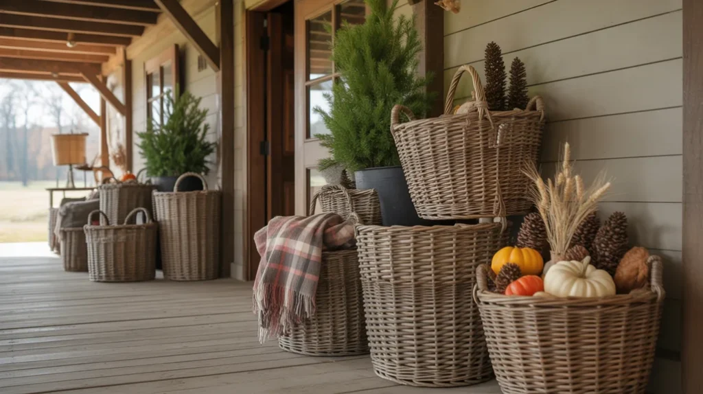 Farmhouse baskets used for seasonal storage and rustic Christmas entryway styling”