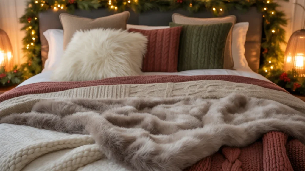 Faux fur and chunky knit textures creating a cozy winter retreat in Christmas bedroom styling