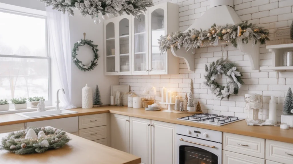 Cabinets styled with frosted greenery, snowy pinecones, and white ornaments for a winter wonderland kitchen look