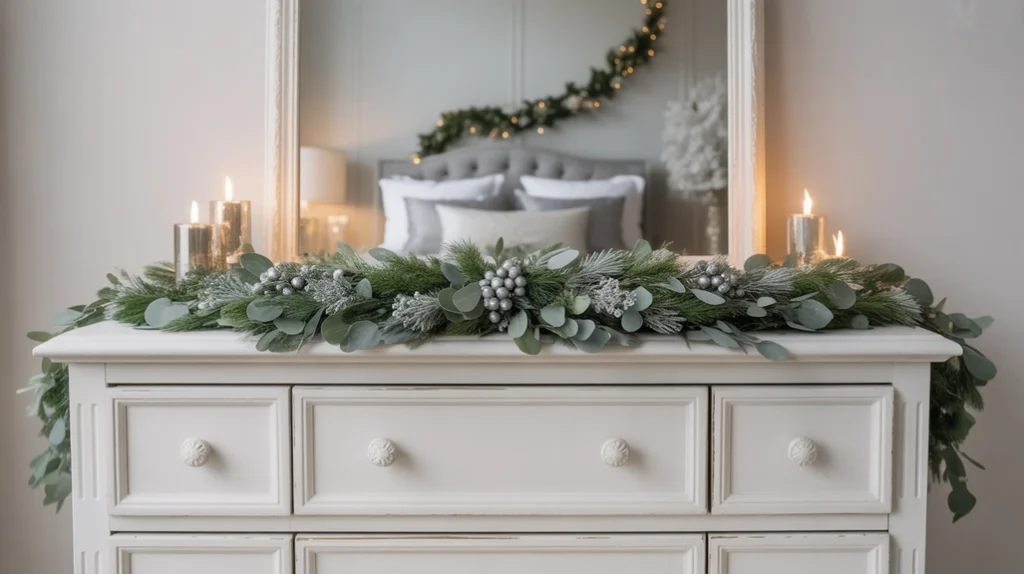 Frosted garlands with silver accents draped across the dresser, bringing a winter wonderland feel to the bedroom.