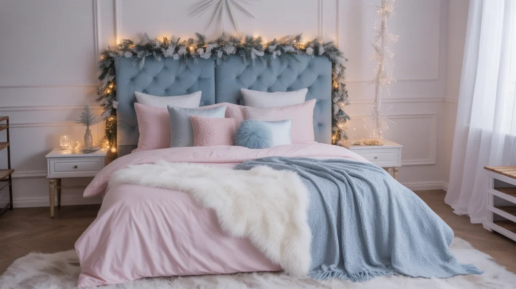 Frosted pastel Christmas bedroom with pink and blue winter accents
