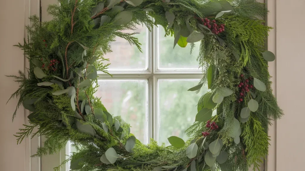 Full Christmas garland framing a kitchen window with pine, cedar, and winter berries