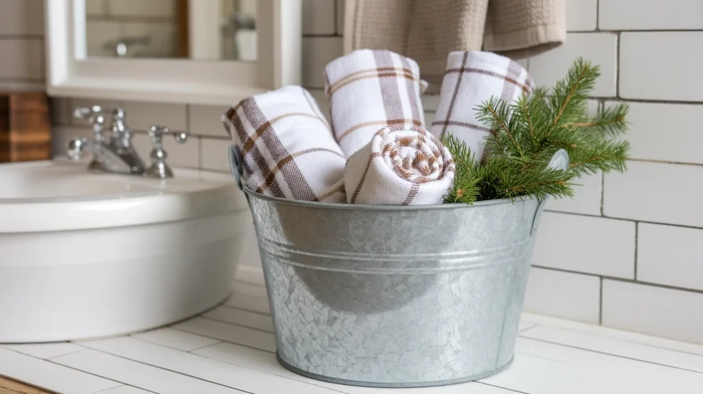 galvanized bucket filled with greenery adding classic country christmas charm