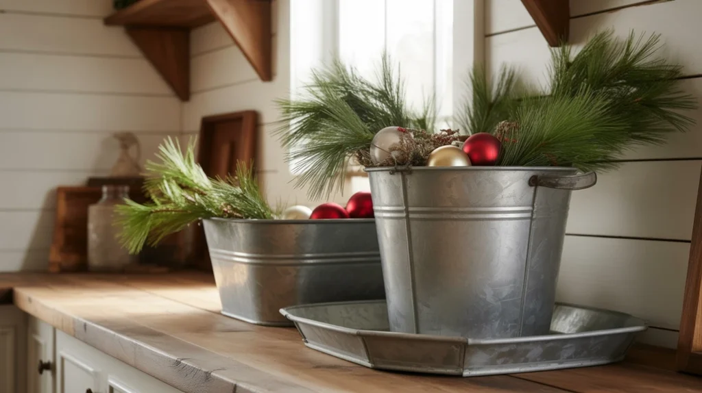 galvanized buckets filled with pine branches and ornaments in farmhouse christmas kitchen