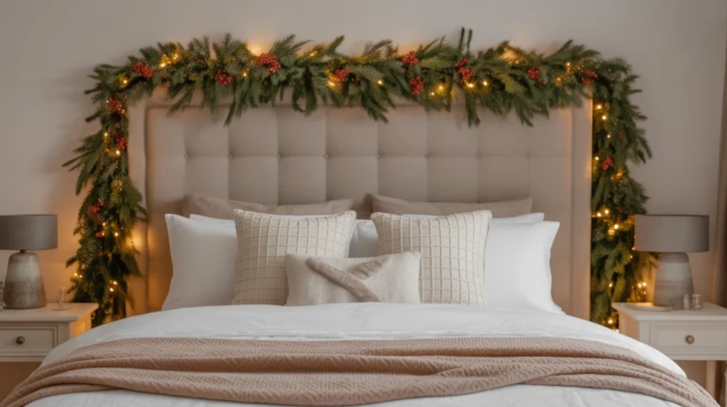Lush pine and berry garland across headboard wall bringing texture and color to Christmas bedroom decorations.