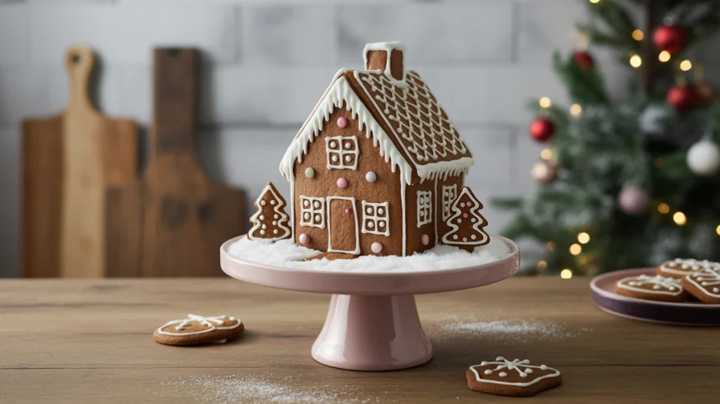 Decorative gingerbread house with cookies and faux snow on counter for playful and festive holiday kitchen styling