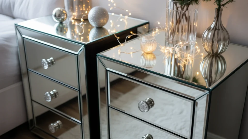 Glass and mirrored accents reflecting twinkle lights in a chic modern Christmas bedroom