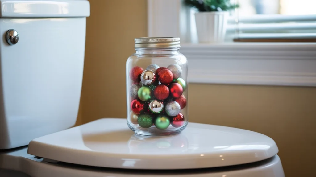 glass jar filled with mini ornaments used as christmas toilet tank decoration