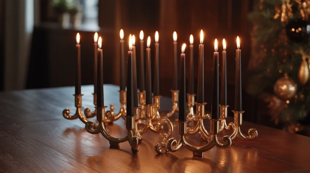 Gold candleholders with black taper candles creating a warm and elegant Christmas glow.