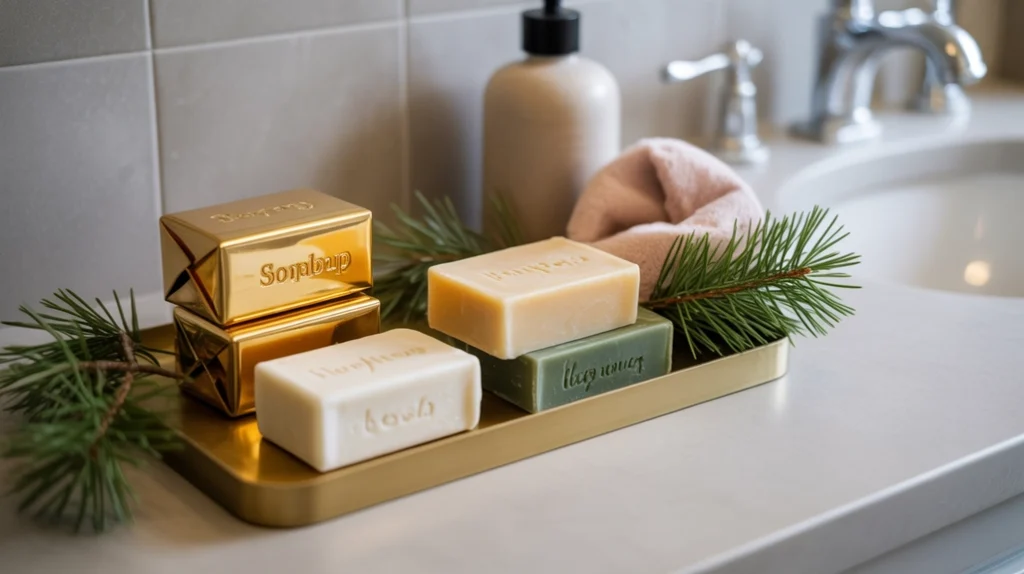 gold-wrapped soap bars and winter-scented soaps styled with pine sprigs in bathroom